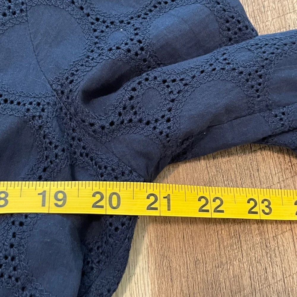 J Crew Navy Blue‎ Cotton Eyelet Dress V Neck 3/4 Sleeve Scalloped Hem Women's 14